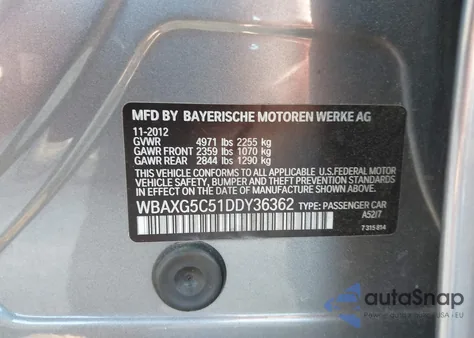 2013 BMW 528I z USA, uszkodzony, nr VIN WBAXG5C51DDY36362